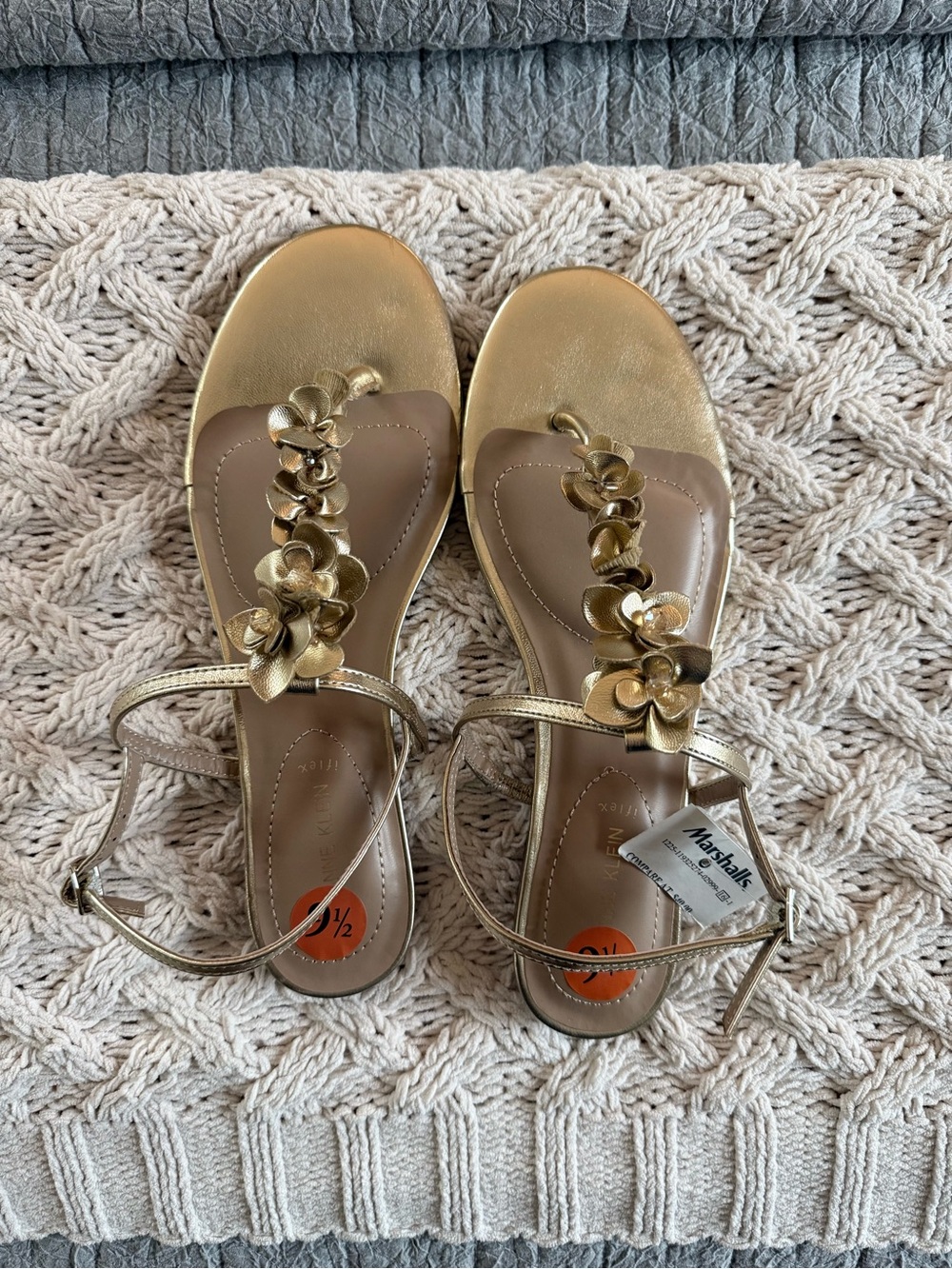 NWT Anne Klein Gold Ankle-Strap Thong Sandals